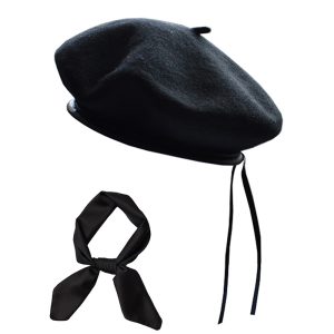 Ensemble béret français en laine et cuir PU + foulard