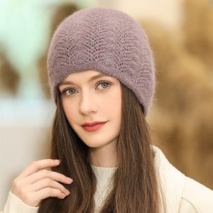 Bonnet tricoté en fourrure de lapin pour femme