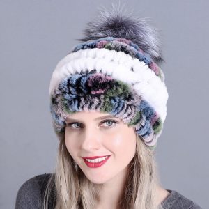 Bonnet à pompon en fourrure de lapin femme