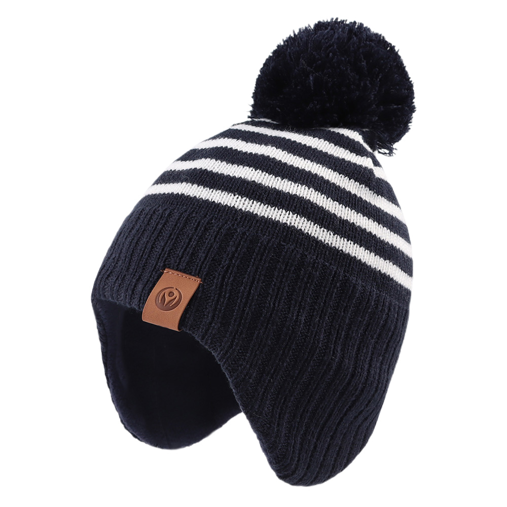 Bonnet pompon rayé enfant doublure et oreillettes – Image 2