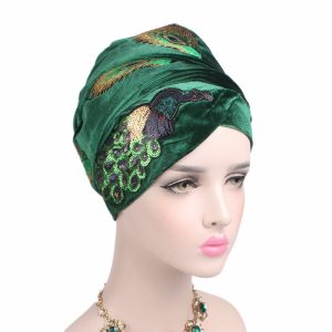 Foulard turban broderie paon à sequins