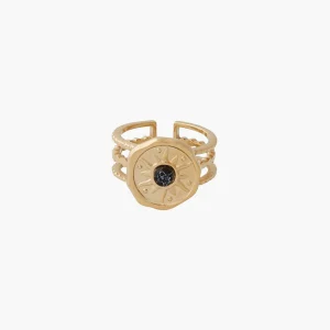 Bague médaillons pierre acier inoxydable doré